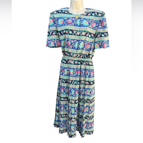 Vintage‎ Lady Carol Midi Dress Floral Geometric Print 80s Boho Style Size 10 - Picture 1 of 12